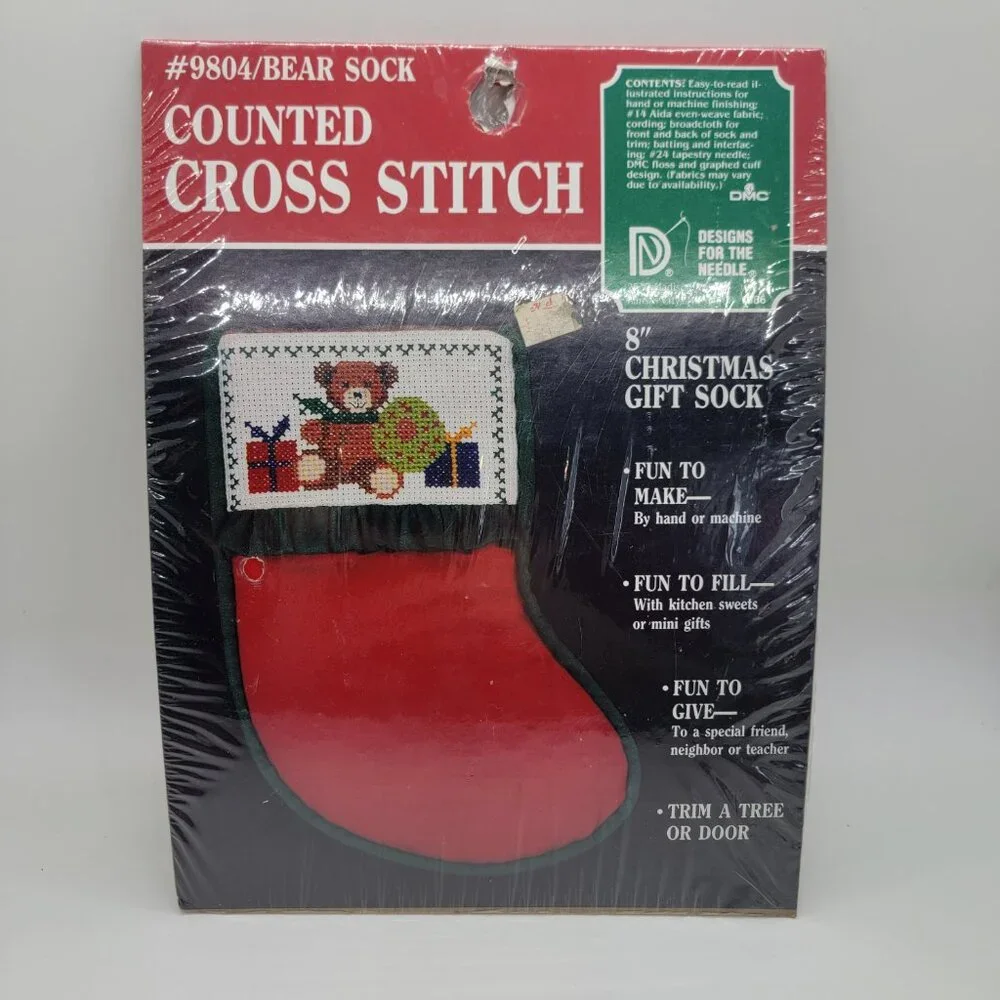 Vintage Counted Cross Stitch Christmas Bear Sock Stocking #9804 DMC Designs Gift - Picture 5 of 12